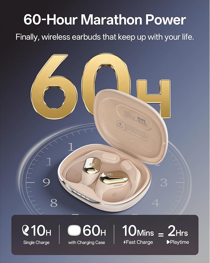 Open Ear Headphones, Over Ear Earbuds with Ear Hooks, True Wireless Bluetooth 6.0 Earphones with Mics, Stereo Sound, Ultra-Comfort, 60H Playtime, IPX7 Waterproof Ear Buds for Running Workout