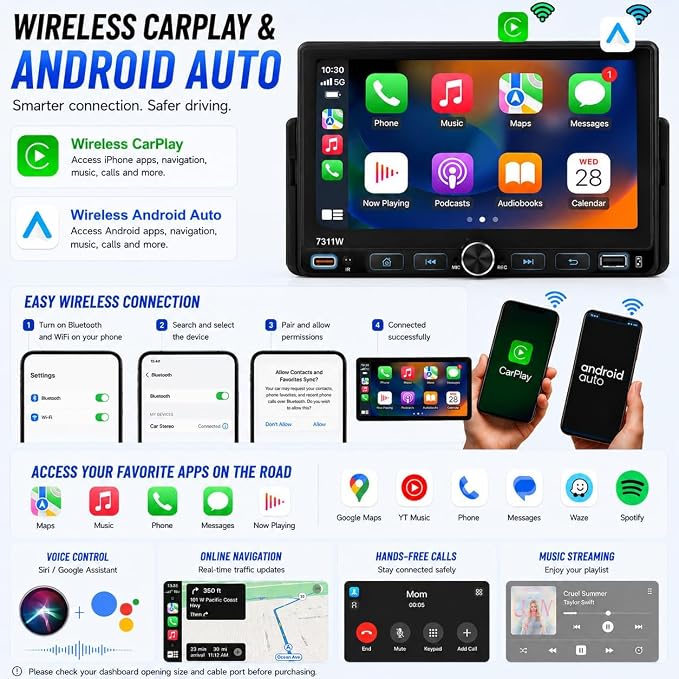 7" Single Din Car Stereo with Wireless Apple CarPlay,IPS Touchscreen,Bluetooth 5.2 Car Radio with Backup Camera,FM/AM/RDS,Android Auto,SWC,GPS Navigation,USB,Type-C Fast Charging,MIC