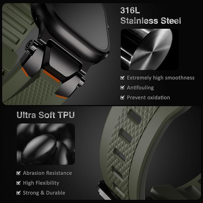 ULTIMAL Rugged Band for Apple Watch Ultra 3/2/1 49mm, Series 11/10/9/8/7/6/5/4 SE 46mm/45mm/44mm, Waterproof, Soft TPU Strap with Stainless Steel Buckle & Connectors, Sweat-Resistant, Easy to Clean, Fits 155-225mm Wrist (Black/green)