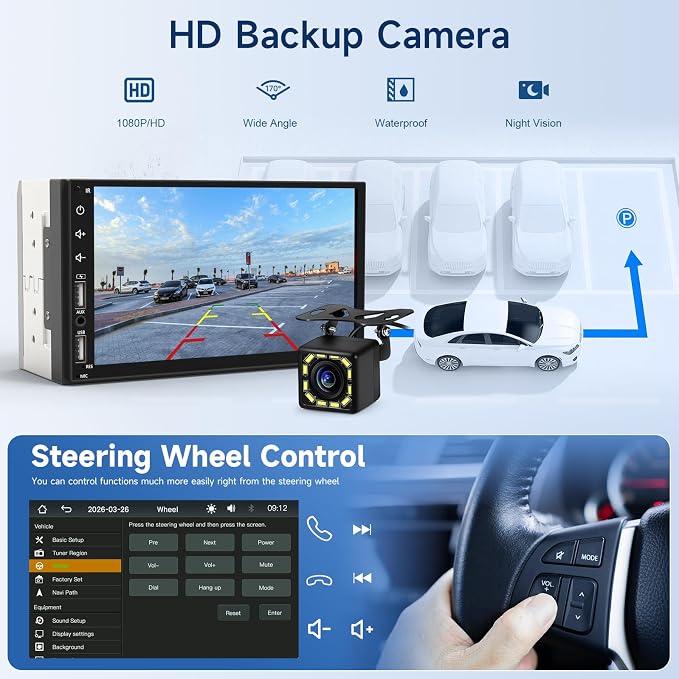 Leadfan Double Din Car Stereo Radio Support Apple Carplay&Android Auto, 7inch HD Touchscreen Double Din Radio with Bluetooth, Car Audio Receivers, Camera, MirrorLink, FM Radio, 2 USB/TF/AUX/Subwoofer