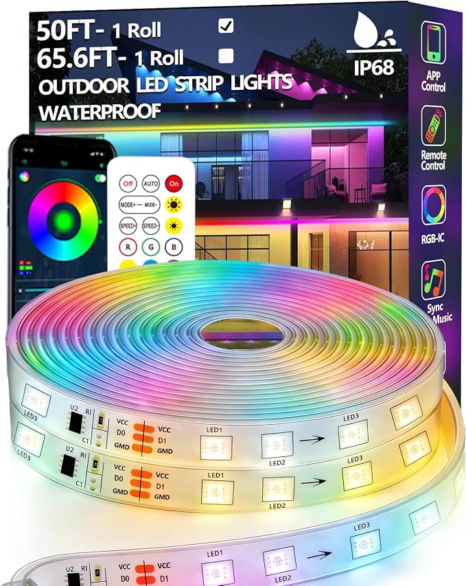 50FT Outdoor LED Strip Light Waterproof,IP68 Outside RGB+IC Light Strip with App/Remote Control,Chase Mode,Music Sync Light for Balcony,Deck,Rooftop,Garden,Pool