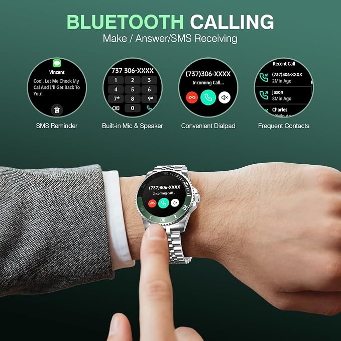 SOUYIE GPT AI Smart Watch for Men, Bluetooth Call Heart Rate Blood Pressure Blood Oxygen Sleep Monitor, 107 Sports Modes 1.19" AMOLED Display Waterproof Fitness Tracker Android iOS, 44mm Silver Green