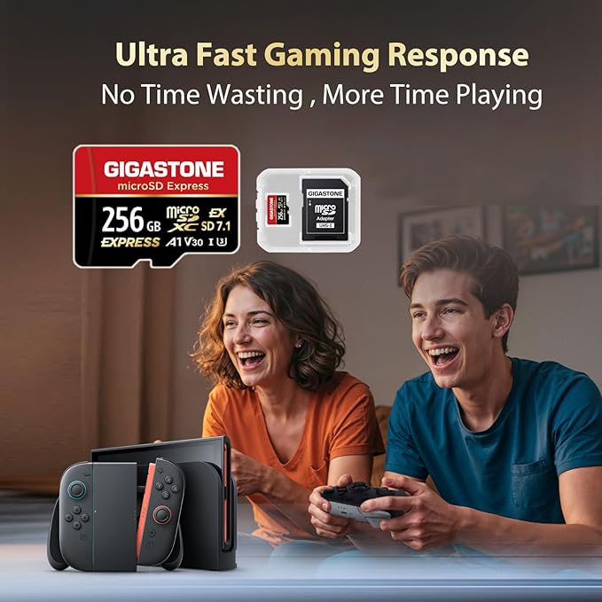 【Designed for Switch 2】 GIGASTONE 256GB microSD Express, MicroSDXC Express Memory Card SD 7.1 Speed up to R/W 880/650MB/s Compatible with Switch 2, Professional Camera, A1 V30 U3, with SD Adapter