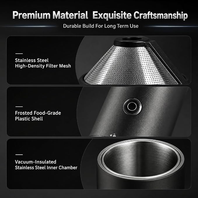 Portable Electric Grind&Brew Pour Over Coffee Maker,All-in-One:Double-Wall SS Tumbler,Stainless Drip Kettle,Permanent Stainless Filter Dripper&Built-in Grinder for Travel,Camping,Office