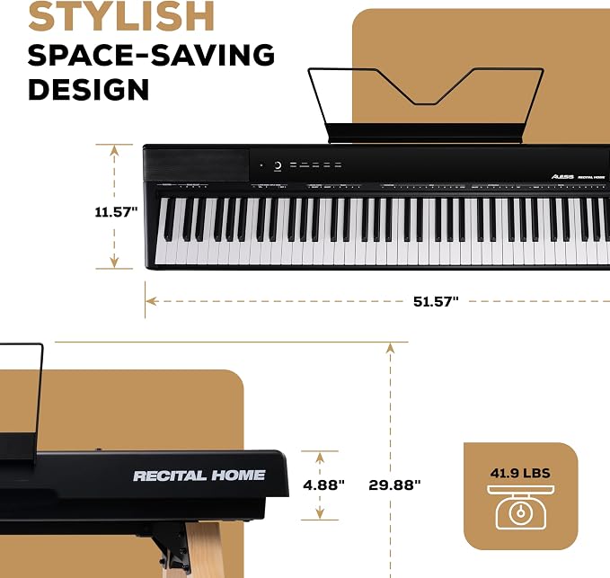 Alesis Recital Home Digital Piano with 88 Hammer Action Weighted Keys, Stand, Pedals and Lessons, Black