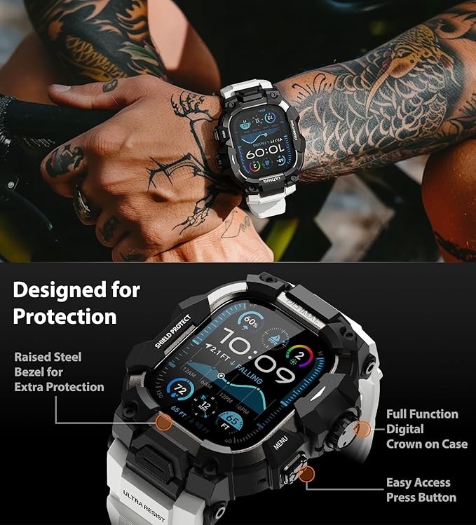 ULTIMAL Rugged Case with Band for Apple Watch 49mm,Compatible with Apple Watch Ultra 3/2/1, Military Grade Shockproof Bumper Cover for iWatch Tactical Band Men (49mm,White)