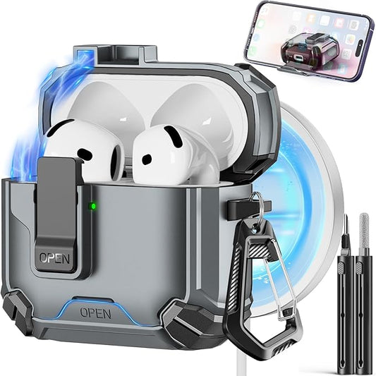 Pohgelan Compatible with AirPods 4 Case,Magnetic Automatic Lock with Phone Stand & Cleaning Kit,Compatible with Magsafe Cover -Silver