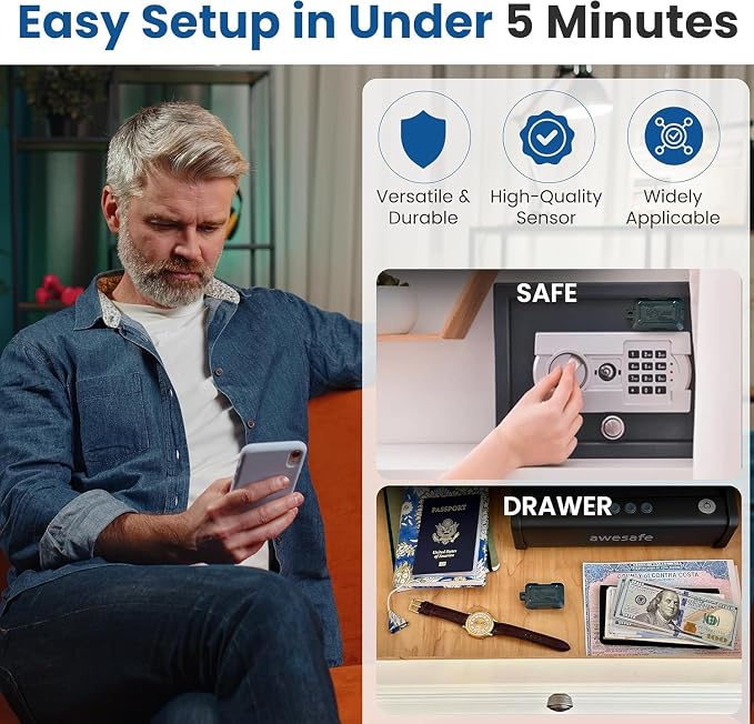 Kini Safe Alert Wi-Fi Motion Sensor Alarm - Real-Time App, SMS & Email Alerts - Gun Safes, Cabinets, Drawers - Easy Install, No Subscription, Rechargeable 12-18 Month Battery, IFTTT, USA-Made