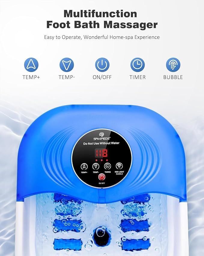 SPA4PIEDS Foot Spa Bath Massager with Heat, Bubble Jets, Red Light & Timer, Pedicure Foot Spa with 95-118℉ Temperature Control, 8 Shiatsu Rollers, Pumice Stone, Gift for Women,Men,Dad