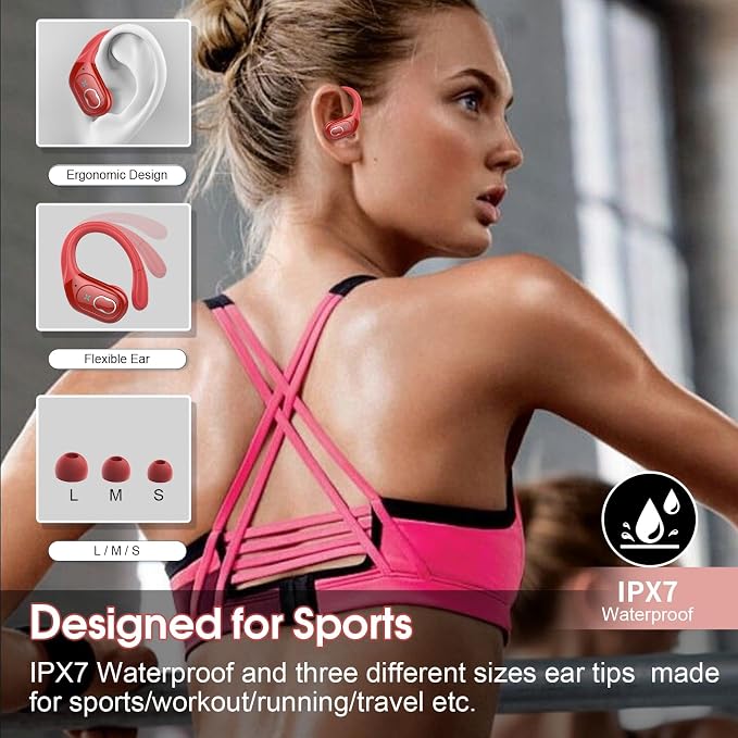 Wireless Earbuds 75hrs Bluetooth 5.4 Headphone Sport, 2026 Bluetooth Earbuds Stereo Deep Bass Over Ear Bud with Earhooks, ENC Noise Cancelling Mic, IPX7 Waterproof Earphone for Gym/Workout/Run, Red