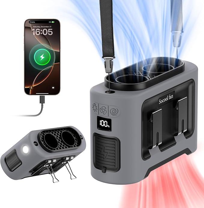 Socool 14500mAh Portable Waist Fan Clip On Wearable Belt Shirt Fan 5 Speeds with Dual Air Outlet & Flashlight Personal Hanging Neck Fans Battery Operated Rechargeable 40H Cooling For Camping Jobsite