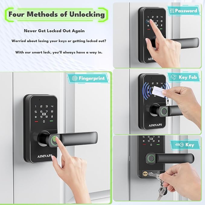 Keyless Entry Door Lock with Handle, Door Locks for Bedroom, Auto Lock, Fingerprint Door Knob with Key, Passcode, Digital Smart Code & Front Handle Sets-Black