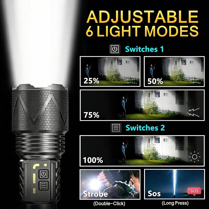 Rechargeable Tactical Flashlight 10,000 High Lumens with USB Output | 70W XHP360 LED Super Bright Zoomable Flashlight, 1,968FT Long Range, IP67 Waterproof for Emergency, Outdoor Camping & Hunting