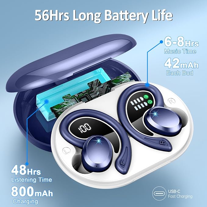 Wireless Earbuds Sport, 2025 Bluetooth 5.4 Headphones Bass Hi-Fi Stereo Over Ear Buds, 56Hrs Noise Cancelling Headset with Earhook, IP7 Waterproof Earphones Workout Running for Laptop Pad Android iOS
