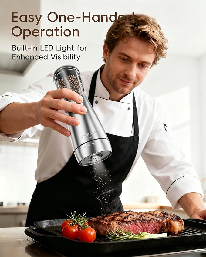 Electric Salt and Pepper Grinder Set - Automatic Stainless Steel Rechargeable Salt and Pepper Grinder Set with Storage Base, Large Capacity, LED Light & Adjustable Coarseness, Ideal Kitchen Gadget