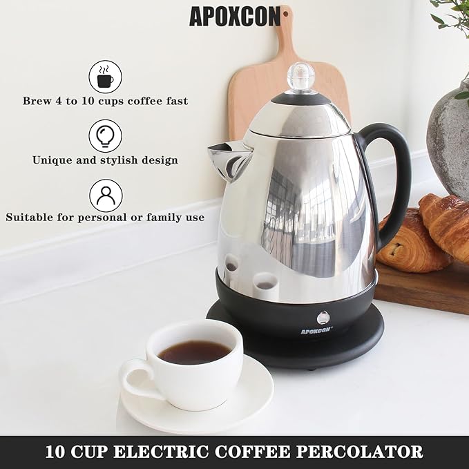 APOXCON Electric Coffee Percolator, Stainless Steel, with Clear Brew Progress Knob, No-Drip Spout, Auto Keep Warm, Cordless Serving, 10 Cup, Silver