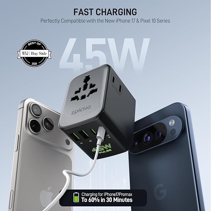 Epicka Pulse Duo 45W Universal Travel Adapter, International Power Adapter with PD & QC 3.0 Fast Charging for 2 Devices Simultaneously, European Travel Plug Adapter, Travel Essentials (Black)