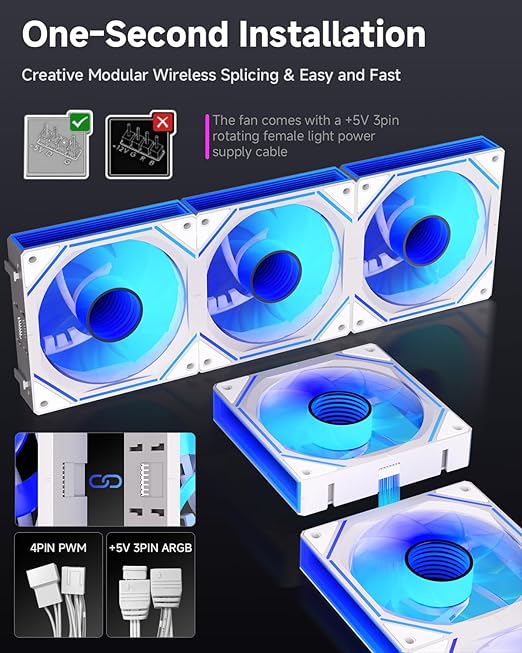 FC 120mm Case Fans White 3Pack, Infinity Mirror PWM PC Fans Reverse with Multiple Lighting Modes, ARGB Sync & Remote Control, Daisy Chain, High Airflow HDB, Compatible with CPU Liquid Coolers