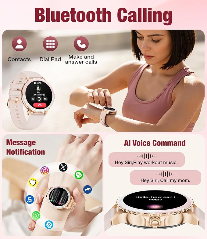 SUNKTA Smart Watch for Women (Answer/Make Call),1.27" Curved Display Smartwatch with Female Cycle/Sleep Monitor,5ATM Waterproof Fitness Tracker 100 Sport Modes Pedometer for Android/iOS,Gold Diamond