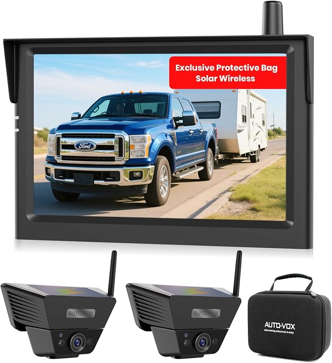 AUTO VOX Wireless Backup Dual Camera Solar Magnetic: Portable Storage Bag Include,1-Min Easy Installation,5" 1080P Monitor, 380FT Signal Stable Coverage Back Up Camera for Truck, SUV, RV,Trailer, Van