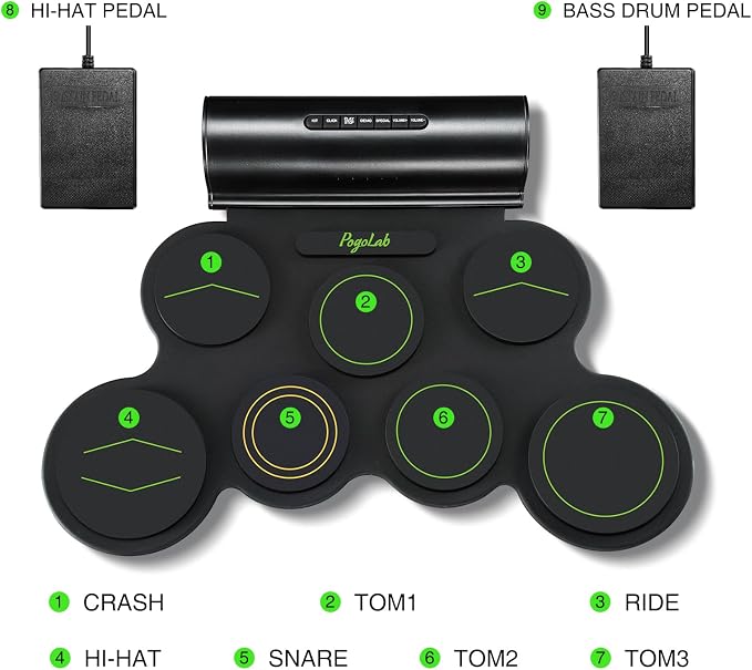 POGOLAB Electronic Drum Set, 7 Pads Roll Up Electric Drum Pad with Wireless Function, Portable Rechargeable Midi Drum Kit with Speaker/Pedals/Headphone Jack, Great Holiday Gift for Beginner (Green)