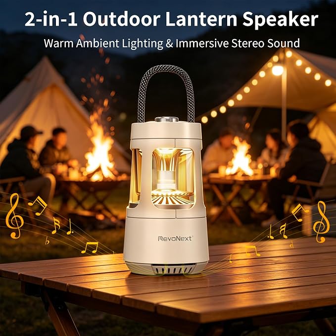 Revonext Camping Lantern Bluetooth Speaker, Rechargeable Waterproof Outdoor Lantern with 10W Stereo Sound, Adjustable Dual-Tone Light, TWS Pairing, Gift for Dad, Men, Outdoor Lovers(White)