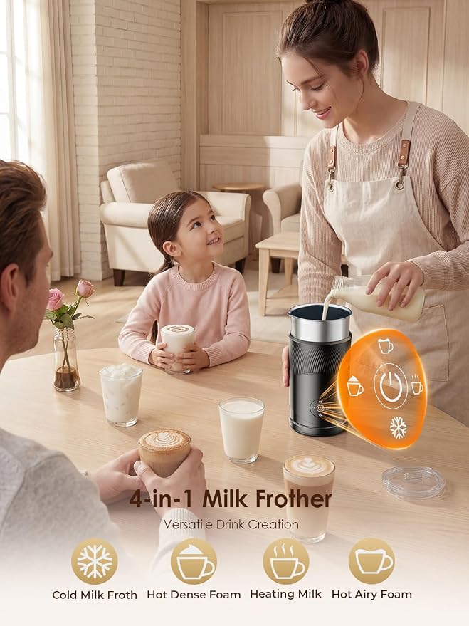 Large Capacity Milk Frother: 4-in-1 Electric Milk Steamer 350ml, 7700RPM High Speed, 120s Fast Frothing, 𝐇𝐨𝐭 & 𝐂𝐨𝐥𝐝 Foam Maker, Helpful Stainless Steel for Latte - Grayish Black