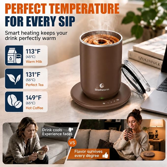 Self Heated Stirring Coffee Mug, 10oz Auto Mixing Cup with Warmer, Brown | 3 temp settings, food-grade stainless steel interior, 8-hour auto shut-off, plug-in desk mug with Warmer for office home
