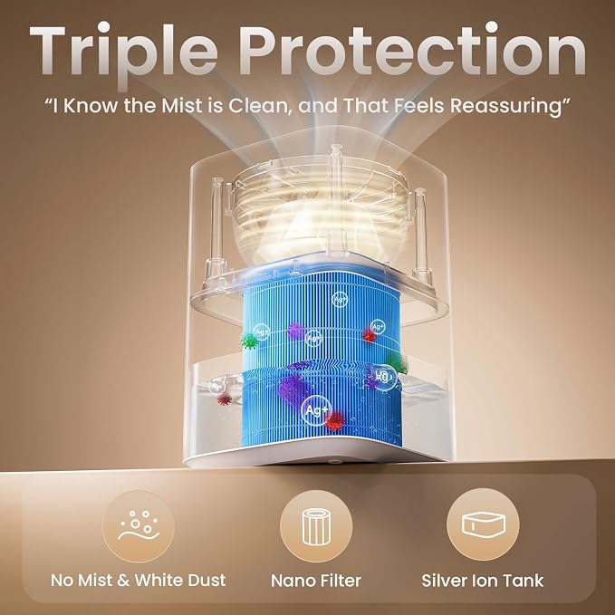 Provirtec Pro Baby Evaporative Humidifier for Bedroom, MistFree & No White Dust, BPA-Free and 16dB Quiet Sleep for Kids, 3 Age-Modes, Auto Control, Tap Water Safe, 4L Easy Clean Tank for Nursery