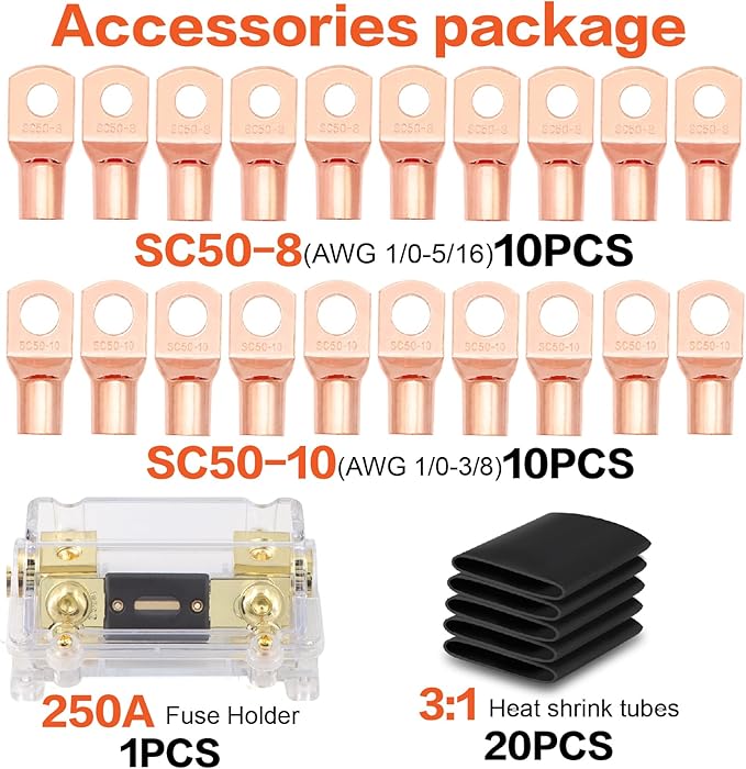 1/0 Gauge Wire(20ft Each - Red/Black) Copper Clad Aluminum CCA with 250A ANL Fuse Holder,20pcs Lugs Terminal Connectors & 3:1 Heat Shrink Tube for Power/Auto,Amplifier,Ground Cable