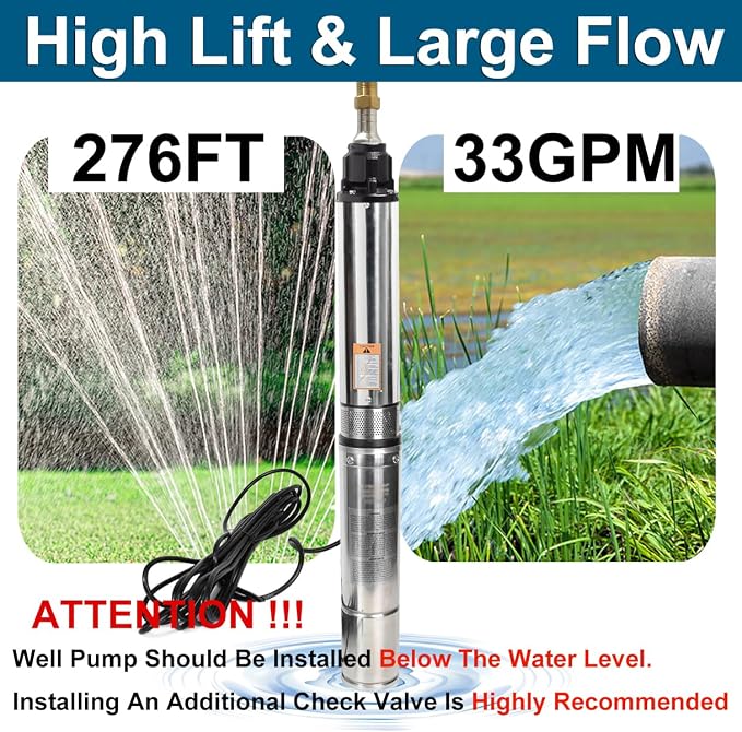 4" Deep Well Submersible Pump, 1 HP, 110V, 60 Hz, 33 GPM, 276FT Max Head, Stainless Steel Well Pump with Check Valve & 100 Feet Long Electric Cord,M#07