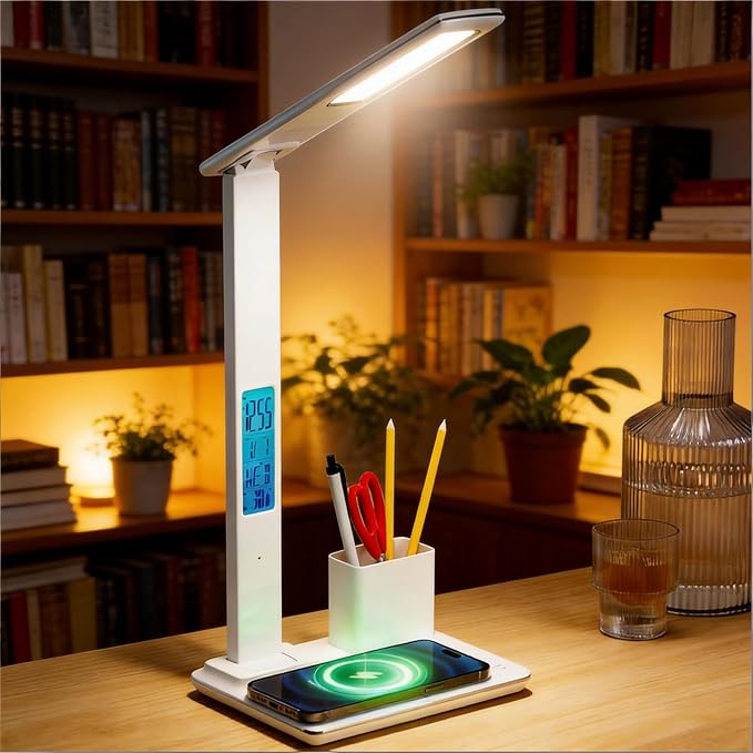 Multifunctional Wireless Charging Bedside Lamp with Digital Display,15W Fast Charger&Alarm Clock,Dimmable Touch Control,Multi-Angle Adjustable Desk Lamp for Home and Office,HYT1771 White.