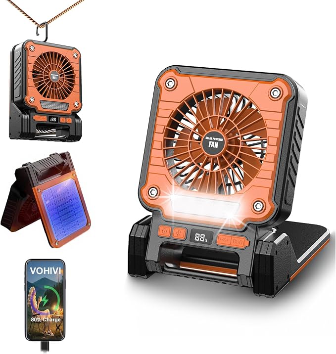 Solar Powered Rechargeable Fan with Light - 3 Speed Portable USB-C Hanger Camping Fan, Power Outage for Home and Kitchen Emergency, Outdoor Tent Fan for Picnic, BBQ and Travel