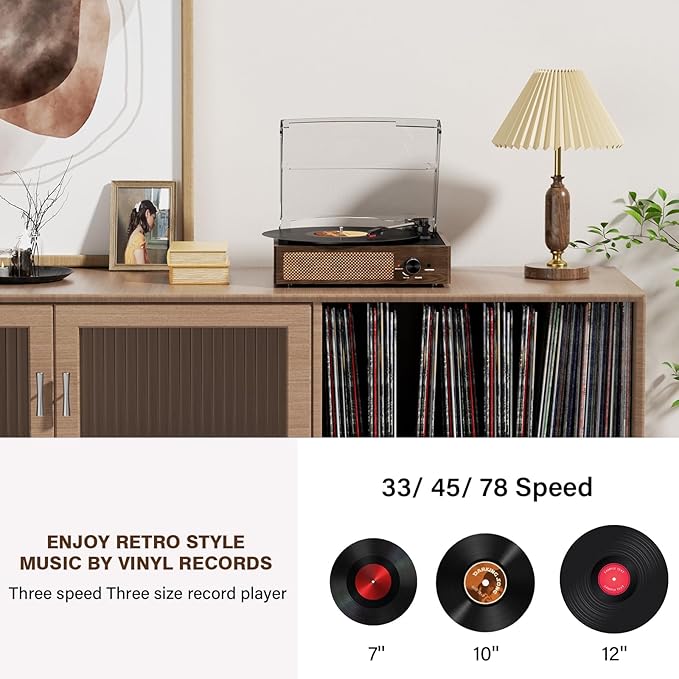 Bluetooth Vinyl Record Player,3-Speed Turntable with Stereo Speakers Vintage Phonograph Record Player, with RCA Line Out AUX in Headphone Jack Coffee Wood