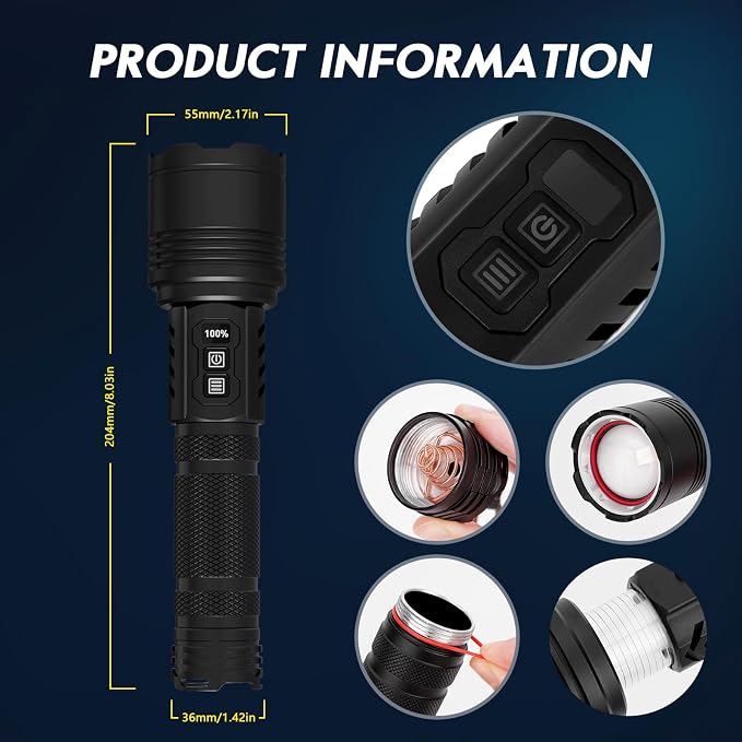 Flashlight Rechargeable, Real 3700 High Lumens, Warm Ambient Light for Camping(6 Modes), Aluminum Alloy Body, Super Bright, Ultra Long Range Spotlight, 5000mAh Tactical Flashlight, IPX5 Waterproof
