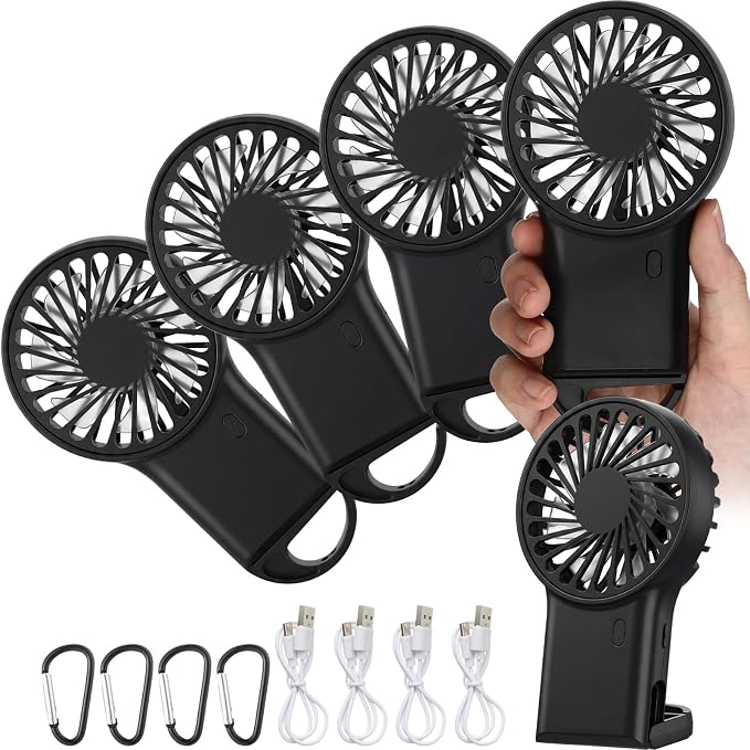 VIHOSE 4 Pcs Portable Hanging Fan, 3 Speeds Personal Rechargeable Desk Hand Held Small Fan with D Metal Hook for Cooling Small Personal Hands Outdoor Travel (Black)