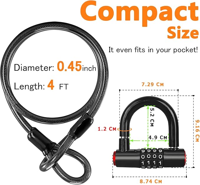 Security Cable Lock Set (4 Digital Combination U-Lock & 4 ft x 1/2" Flexible Steel Sealed Looped Ends Cable),Heavy Duty Anti-Theft U Lock with Steel Security Chain for Bikes, Outdoor Equipment