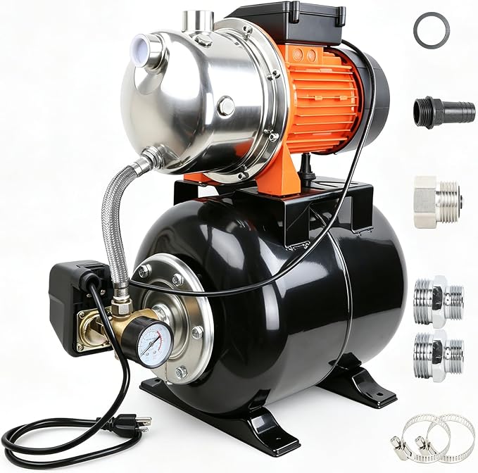 1 HP Shallow Well Pump with Pressure Tank, 1000 GPH, Automatic Irrigation Water Booster Pump with 130 ft Head Lift 20/40 PSI Pressure Switch 304 Stainless Steel Pump Head for Home Garden Lawn