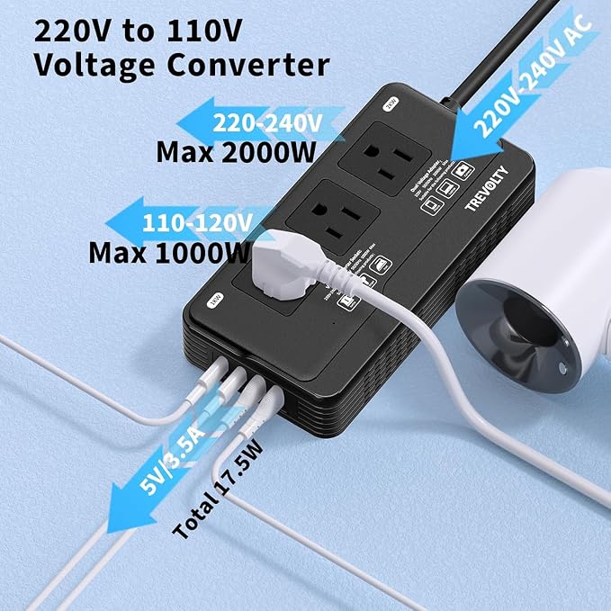 2000W Voltage Converter US to Europe for Hair Dryers, 7-in-1 220V to 110V Converter for European Travel with 3 AC/2 USBA/2 USBC Ports, Power Converter Adapter Combo with Type C/G/I/L Plugs (Black)