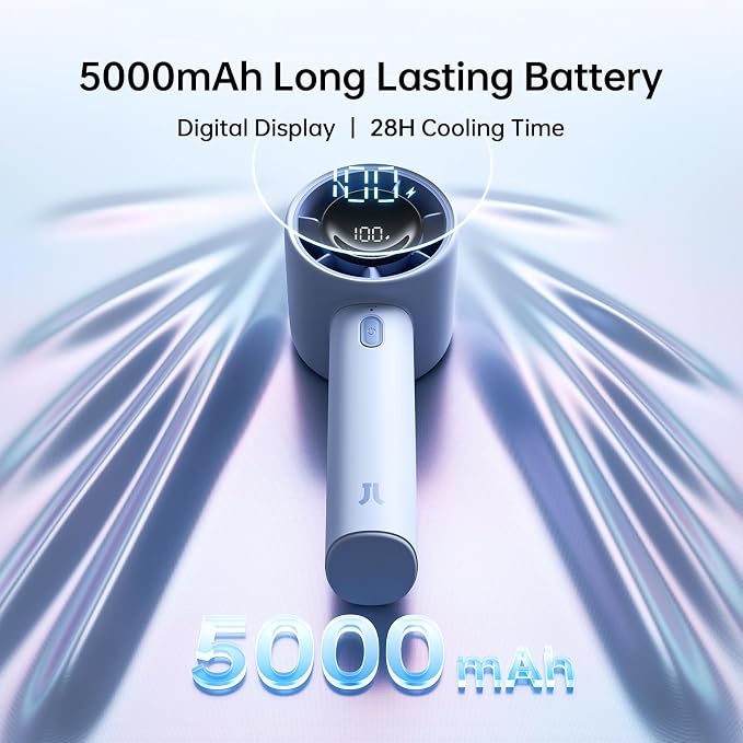 JISULIFE Handheld Turbo Fan Life10S – 5000mAh Rechargeable Portable Fan, 28H Runtime 5-Speed Powerful Airflow, Quiet Mini Hand Fan Blows Cold Air for Travel, Beach, Sports, Concerts, Men & Women（Blue）