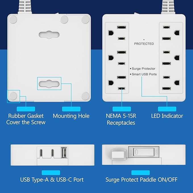 LIDER Outlet Extender with 6 Receptacles, USB-A and 2 USB-C, Ultra-Thin Flat-Plug, 6-Outlet Power Strip, Slim Angled Design, Surge Protector, 1500 Joules, 5ft Cord, UL-Listed, White, 2 Pack