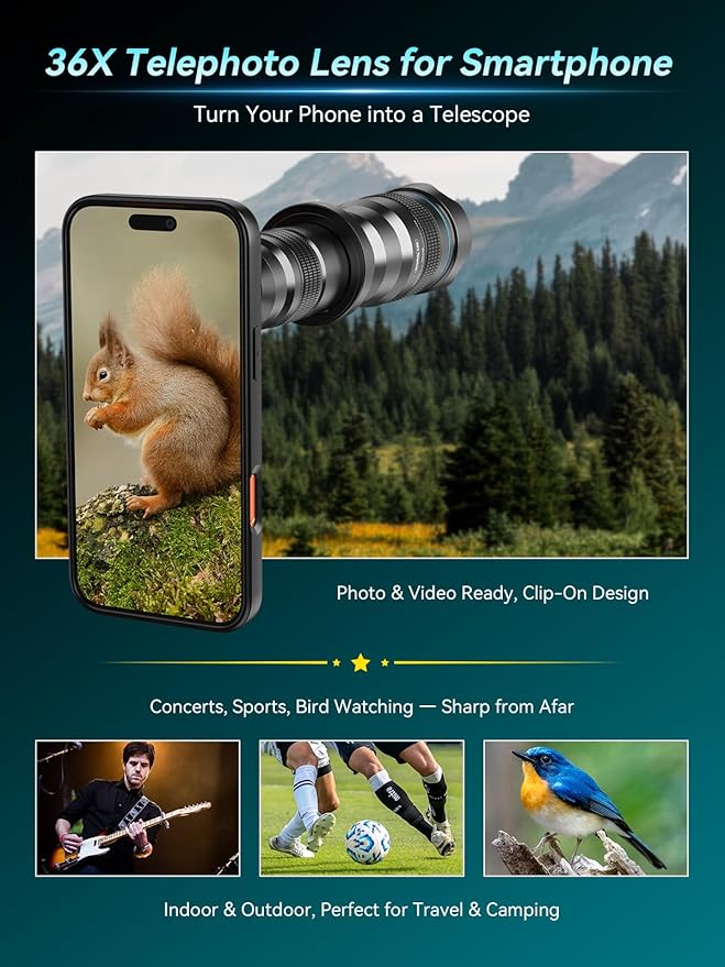 APEXEL 36x Telephoto Lens Compatible with iPhone 17 Pro Max | Photography for Travel, Birdwatching, Exploration | Kit with Sturdy Metal Tripod and Threaded Phone Case
