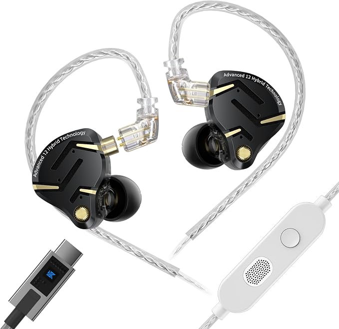 KZ ZS12 PRO 2 USB C Wired Earbuds, Type-C In Ear Monitor,1DD+5BA Hybrid Wired Earbud,Gaming Earbuds,HiFi Deep Dass IEM for Gaming,KZ Earbuds with 2PIN Cable for Audiophile(with Microphone, Black-Type)