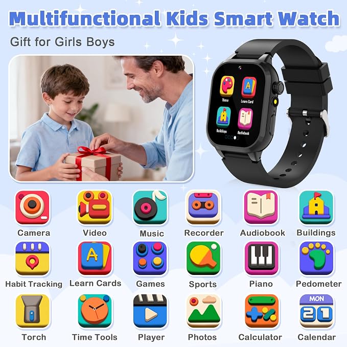 Smart Watch for Kids, Smart Watch Boys Toys with 40 Games Camera Video Recorder Music Alarm Learn Card Audiostory Flashlight Pedometer 2 Extra Bands Gift Toys for 3-12 Years Old Boys(Black)