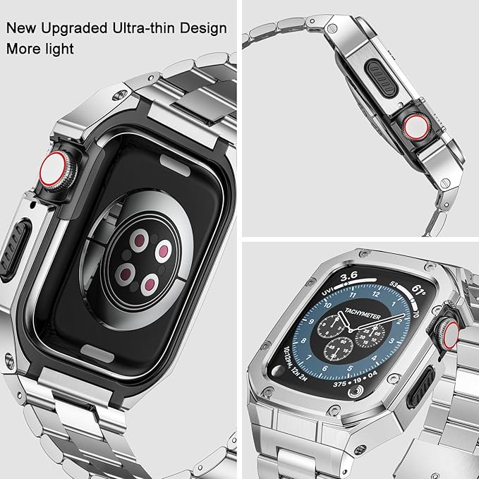BAITEYOU Stainless Steel Watch Band with Case Compatible with Apple Watch Series SE 3 2 1/6 5 4 (40mm) Series 9 8 7 3 2 1 (41mm 38mm), Metal Protective Bumper Cover for iWatch Bands Men (Silver)