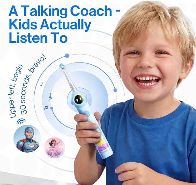 usmile Q30 Kids Electric Toothbrush 3+, Sonic Cleaning with Voice-Guided Brushing, USB-C Rechargeable, Ultra-Soft Brush Heads, IPX8 Waterproof (Blue)