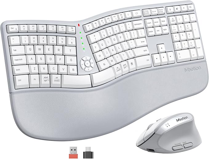 MEETION Ergonomic Keyboard and Mouse, Wireless Keyboard with Vertical Mouse, Split Curved Keyboard with Wrist Rest, Natural Typing Rechargeable Full Size, Windows/Mac/Computer/Laptop, Gray