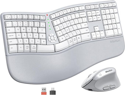 MEETION Ergonomic Keyboard and Mouse, Wireless Keyboard with Vertical Mouse, Split Curved Keyboard with Wrist Rest, Natural Typing Rechargeable Full Size, Windows/Mac/Computer/Laptop, Gray