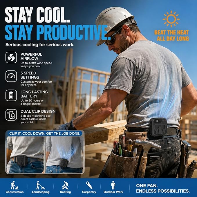 SEAINGO Portable Waist Fan Rechargeable – 10000mAh, 42 ft/s Max, 5 Speeds 16000RPM, Personal Cooling Wearable Clip Body Belt Shirt Fans, Hanging Neck Fan with Light