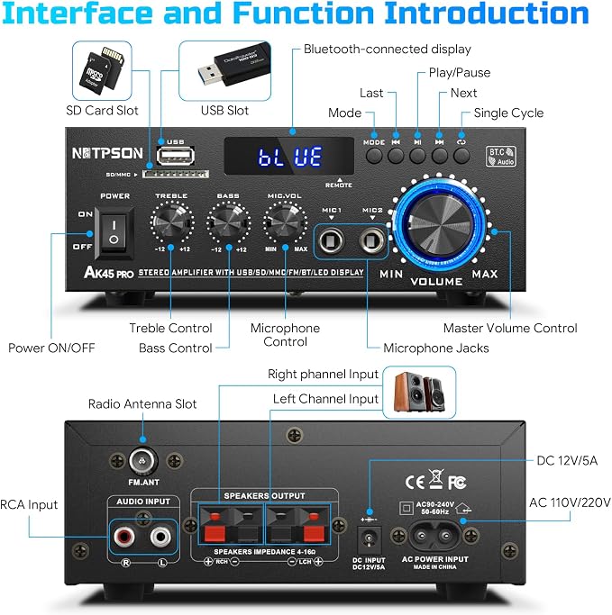 AK45 Bluetooth Stereo Receiver Amplifier,800W Home Audio Amp with FM Radio,USB/SD Inputs Remote Control, Wireless Power Amplifier for Home Theater Speakers,Karaoke,Garage Bookshelf Speakers